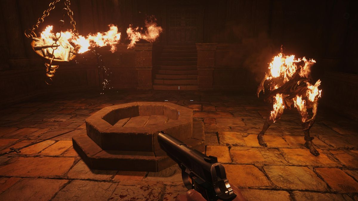 Resident Evil: Village (PlayStation 5) screenshot: The puzzle of lighting the brazier in the next room is to set the undead on fire and lure it to the next room before he turns to ashes