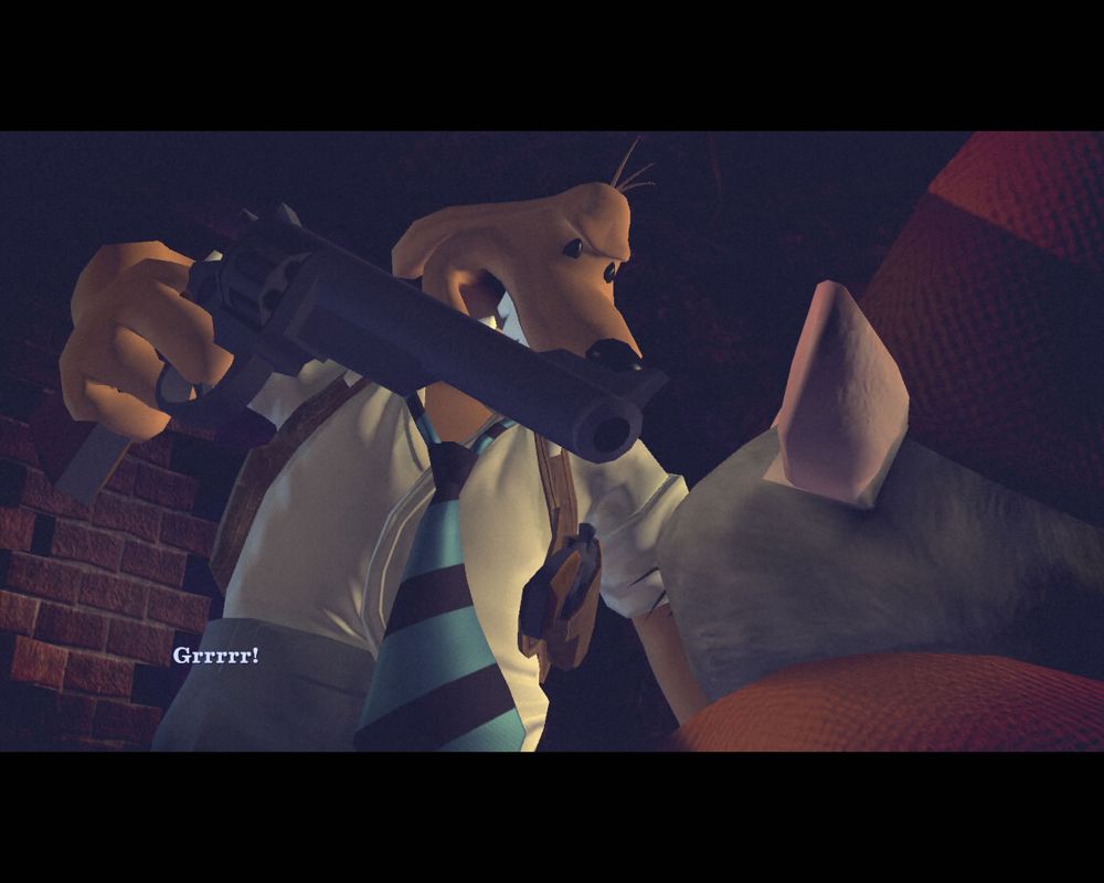 Sam & Max 303: They Stole Max's Brain! (Windows) screenshot: One possible action is to threaten the suspect