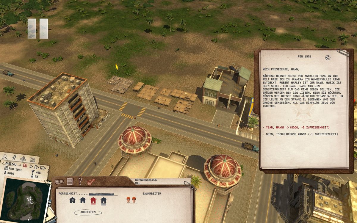 Tropico 3: Absolute Power (Windows) screenshot: My advisor asks me if I want to sign off on a visit of Bob Marley.