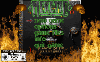 Heretic: Shadow of the Serpent Riders (DOS) screenshot: Title/main menu/RSAC advisory