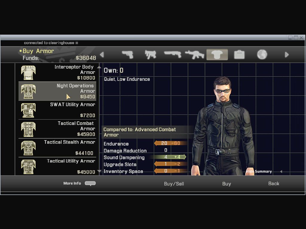 Alpha Protocol (Windows) screenshot: Clearinghouse. Buy weapons, armor, and gadgets here!