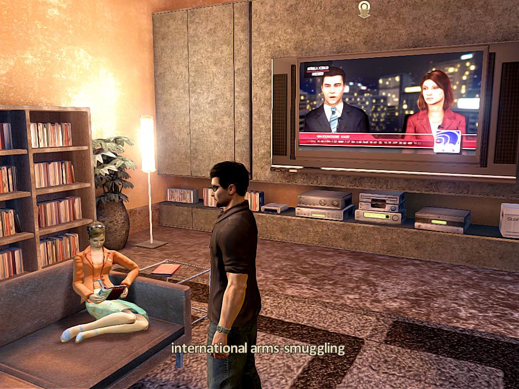 Alpha Protocol (Windows) screenshot: High-resolution TV, nice couch, a sexy girl on it... is life good or what?..