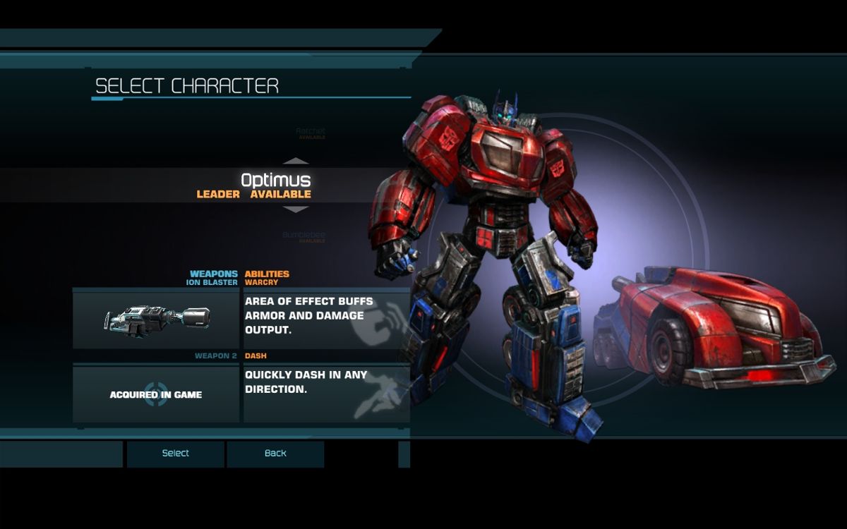 Transformers: War for Cybertron (Windows) screenshot: Character selection: Before each chapter you may choose to play as one of three characters