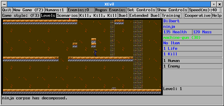 XEvil (Linux) screenshot: Running the game in small display mode