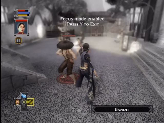 Jade Empire (Xbox) screenshot: Press Y to enter "focus mode" and slow time.