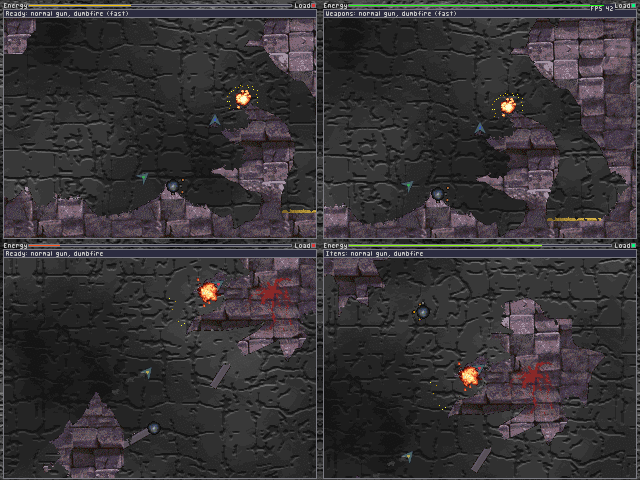 <small>Assault Wing (DOS) screenshot:</small><br> Four-player splitscreen mode