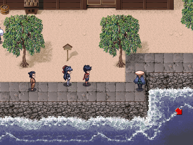 Guren (Windows) screenshot: A port city. The mysterious guy will take us back to Guren headquarters