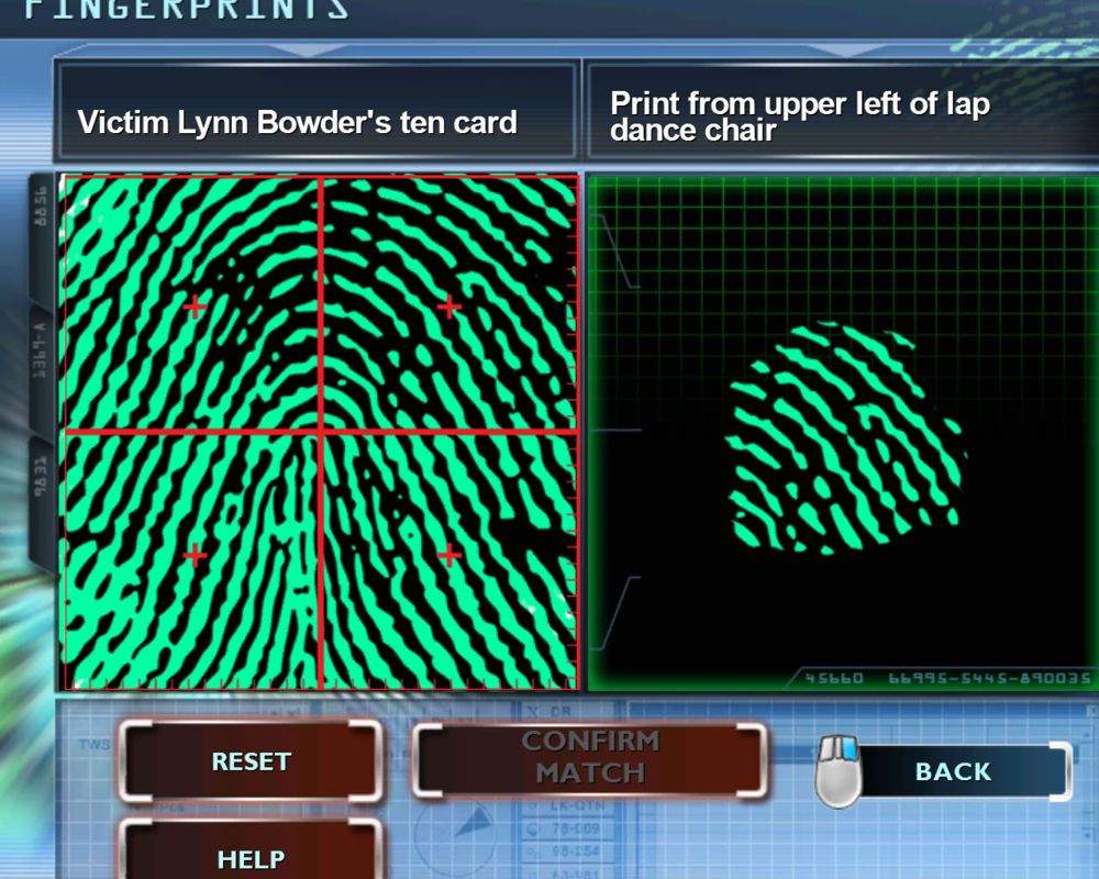 CSI: Crime Scene Investigation - Deadly Intent (Windows) screenshot: Comparing two fingerprints