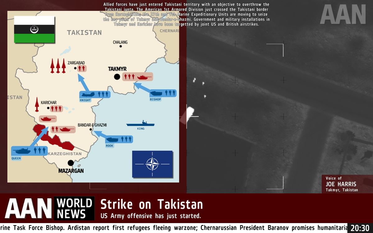 Arma II: Operation Arrowhead (Windows) screenshot: AAN explains the situation in Takistan.