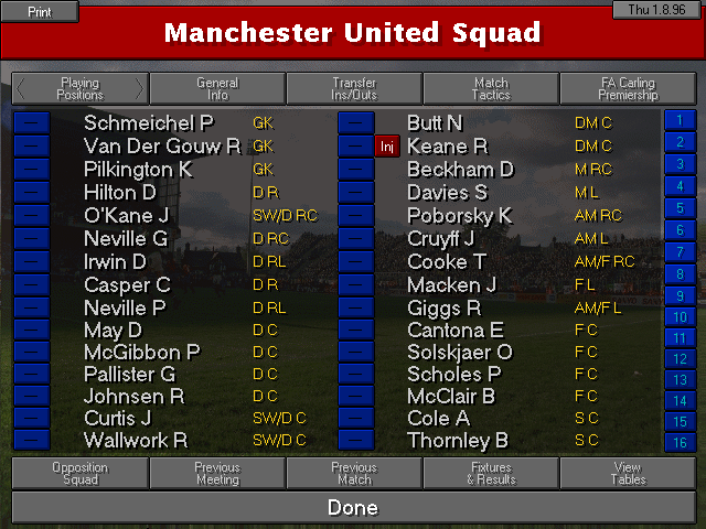 Championship Manager 2: Including Season 96/97 Updates (DOS) screenshot: Manchester United squad