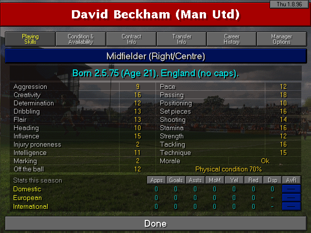Championship Manager 2: Including Season 96/97 Updates (DOS) screenshot: David Beckham's profile