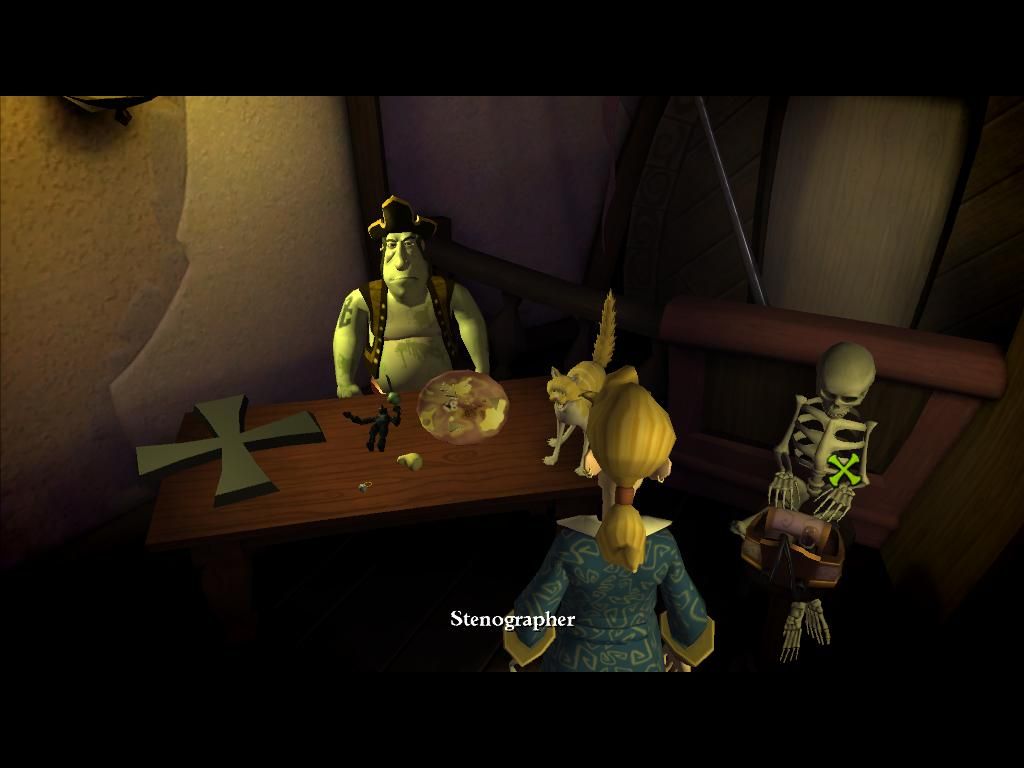Tales of Monkey Island: Chapter 4 - The Trial and Execution of Guybrush Threepwood (Windows) screenshot: The stenographer is taking notes.