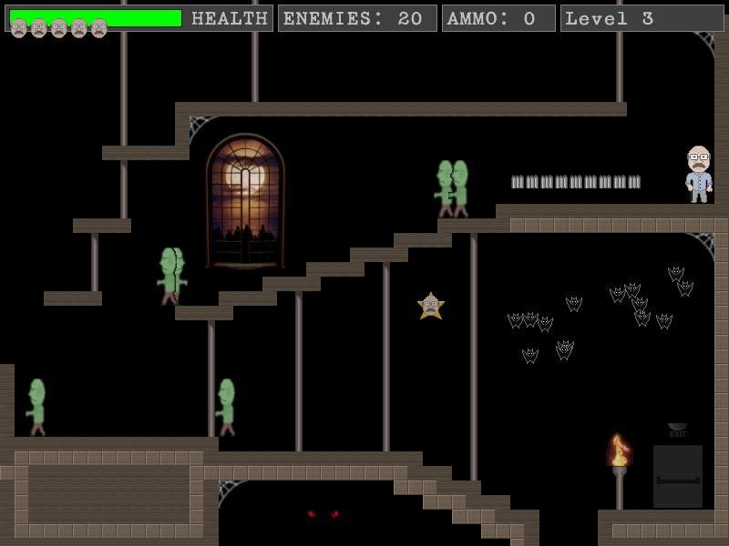 The Adventures of Mr. Pratt (Windows) screenshot: Starting level 3. That star with the face is an extra life. I have lots of ammo but lots of zombies and bats.