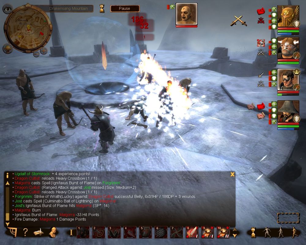 The Dark Eye: Drakensang (Windows) screenshot: Battle scene with console open. Also Forgrimm doing insane damage!