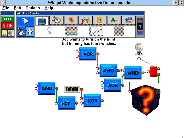 Widget Workshop: The Mad Scientist's Laboratory (Windows 16-bit) screenshot: First puzzle