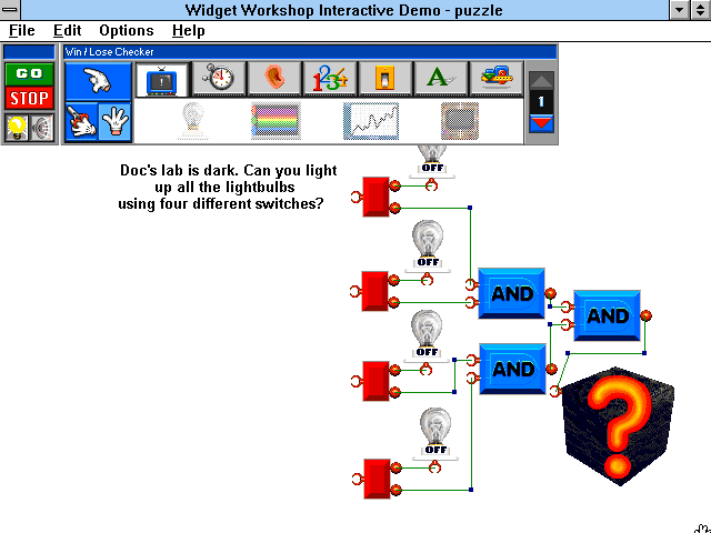 Widget Workshop: The Mad Scientist's Laboratory (Windows 3.x) screenshot: Turning on the lights.