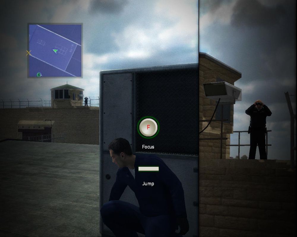 Prison Break: The Conspiracy (Windows) screenshot: You should not jump, when guard is using the binoculars