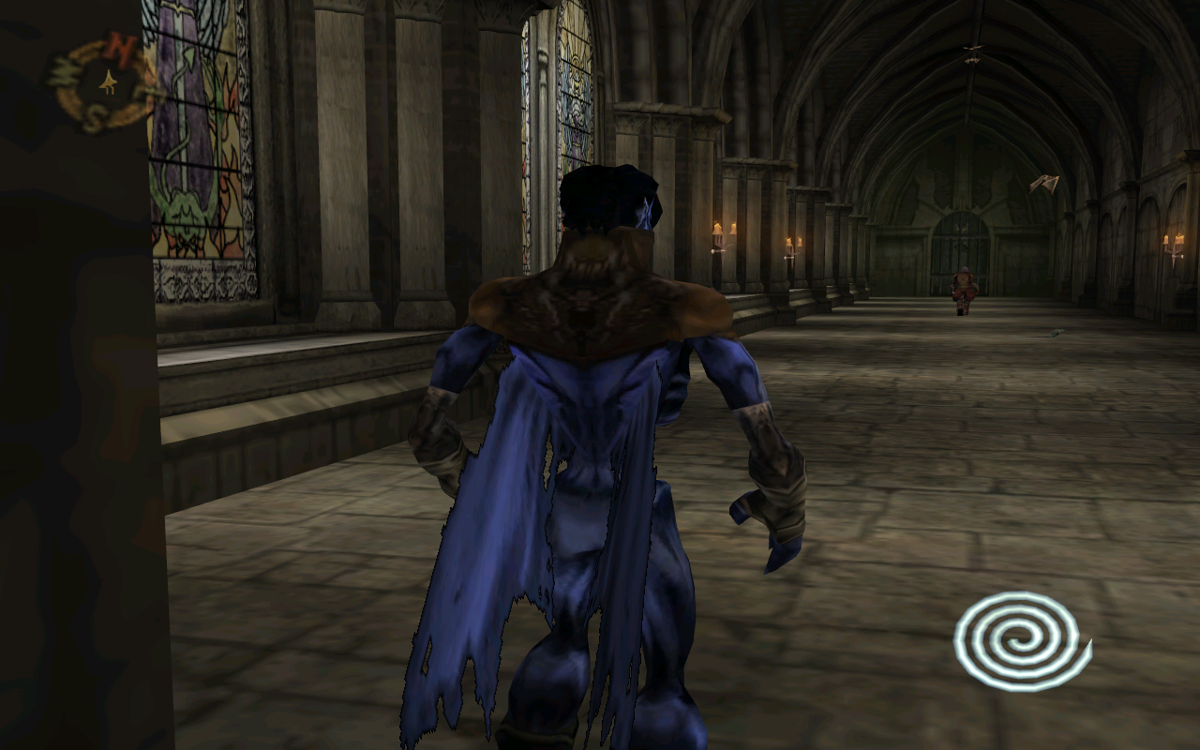 Legacy of Kain: Soul Reaver 2 (Windows) screenshot: Raziel looks down the hall at an unsuspecting guard.