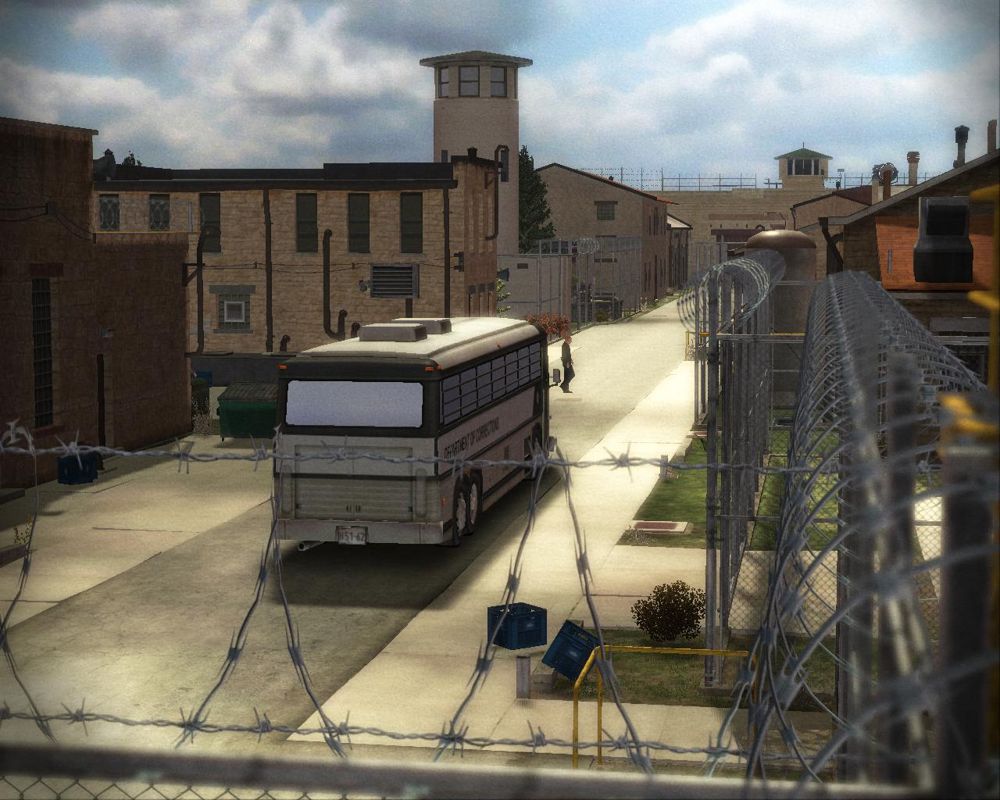 Prison Break: The Conspiracy (Windows) screenshot: The bus with prisoners is arriving the Fox River Penitentiary
