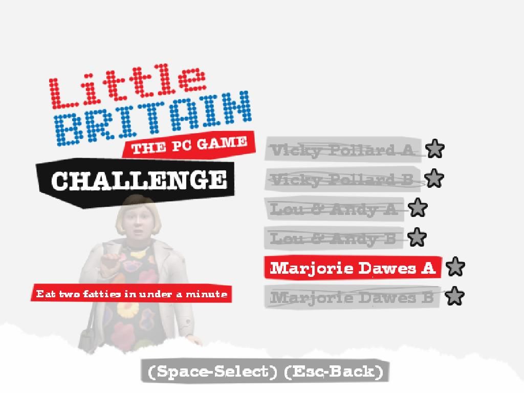 Little Britain: The Video Game (Windows) screenshot: The challenges menu. They are all locked in the free trial.