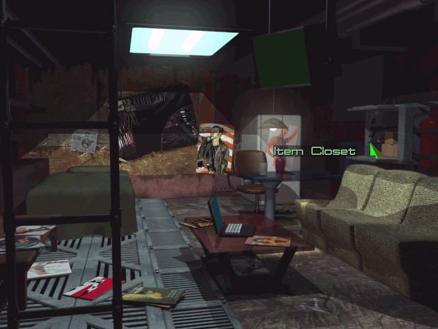 Cybermercs: The Soldiers of the 22nd Century (Windows) screenshot: Your residence - Notice the Alien Slayer poster on the wall