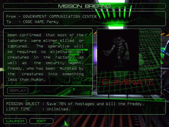 Cybermercs: The Soldiers of the 22nd Century (Windows) screenshot: Mission briefing - Who's Freddy?