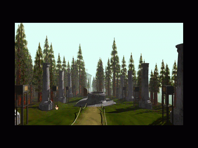 Myst (Macintosh) screenshot: Looking at the island from the library