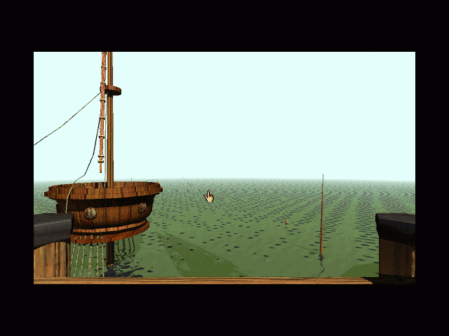Myst (Macintosh) screenshot: Looking off dock with sunken boat