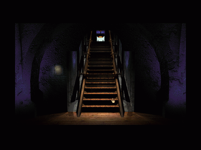 Myst (Macintosh) screenshot: Panel and stair way back to dock