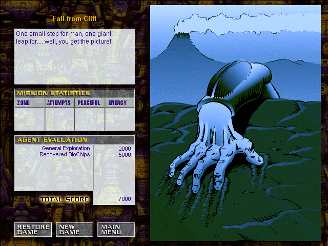 The Journeyman Project (Windows 3.x) screenshot: You must use caution at all times when exploring