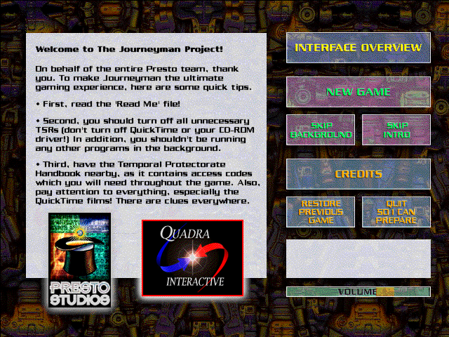 The Journeyman Project (Windows 3.x) screenshot: Main menu