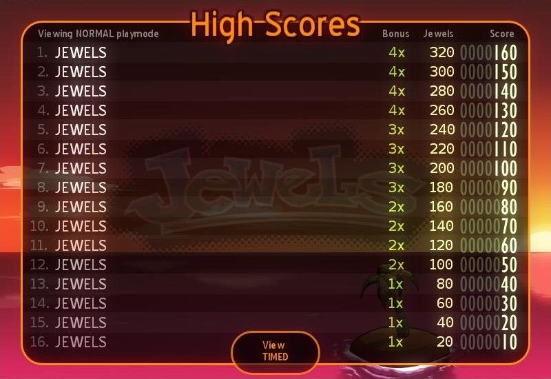 Jewels (Windows) screenshot: The high scores for normal mode. Click the button at the bottom to see the high scores for timed mode.