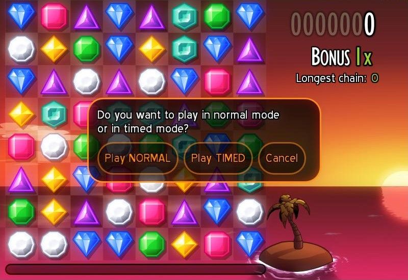 Jewels (Windows) screenshot: To play a new game, choose normal or timed.