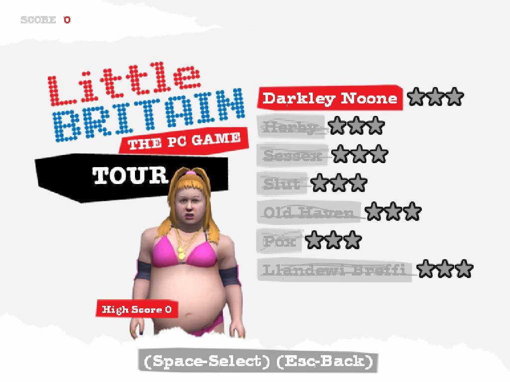 Little Britain: The Video Game (Windows) screenshot: Choose your game in the tour menu. All are locked except Darkley Noone.