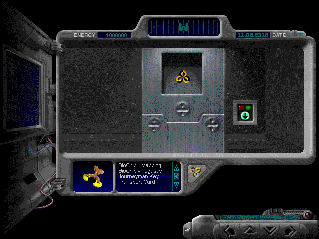 The Journeyman Project (Windows 3.x) screenshot: Ready for entry into the Pegasus time machine chamber