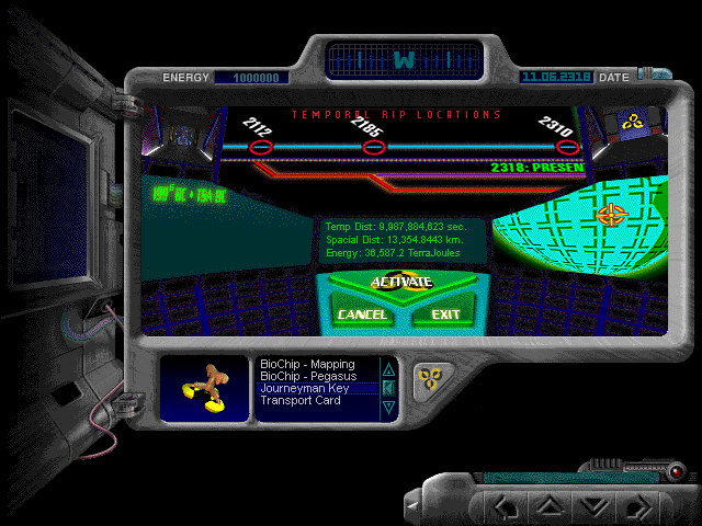 The Journeyman Project (Windows 16-bit) screenshot: Selection of the Temporal rip destination that caused the security alert