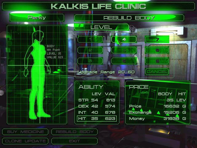 Cybermercs: The Soldiers of the 22nd Century (Windows) screenshot: Choose which part of your body you want to upgrade