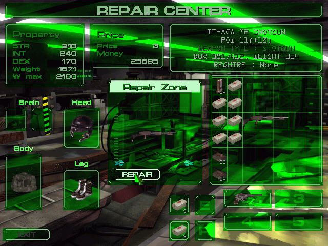 Cybermercs: The Soldiers of the 22nd Century (Windows) screenshot: Repairing items after mission