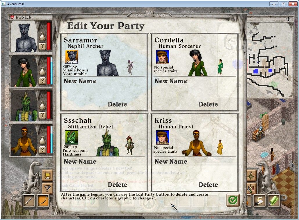 Avernum 6 (Windows) screenshot: You can delete characters and replace them with newly created ones at any time during the game.