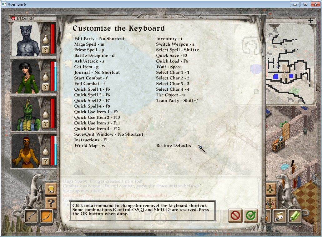 Avernum 6 (Windows) screenshot: Keyboard shortcuts.