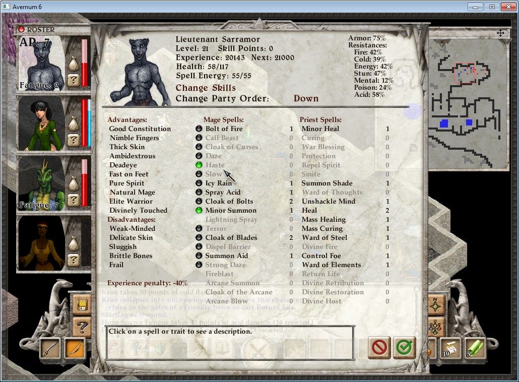 Avernum 6 (Windows) screenshot: Character spells & traits.