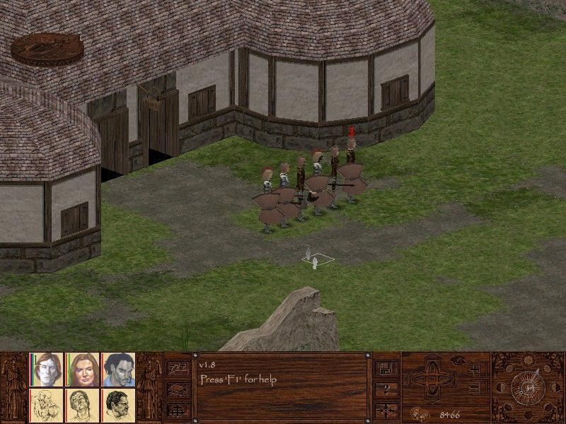 Pyrrhic Tales: Prelude to Darkness (Windows) screenshot: A well-equipped party late in the game, standing outside an inn. Notice that the camera angle is rather shallow.