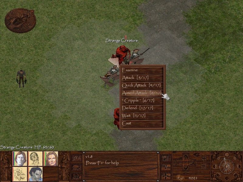 Pyrrhic Tales: Prelude to Darkness (Windows) screenshot: There are a number of combat options to select from. Your character's movement range is indicated by the shaded squares overlaid over the ground.