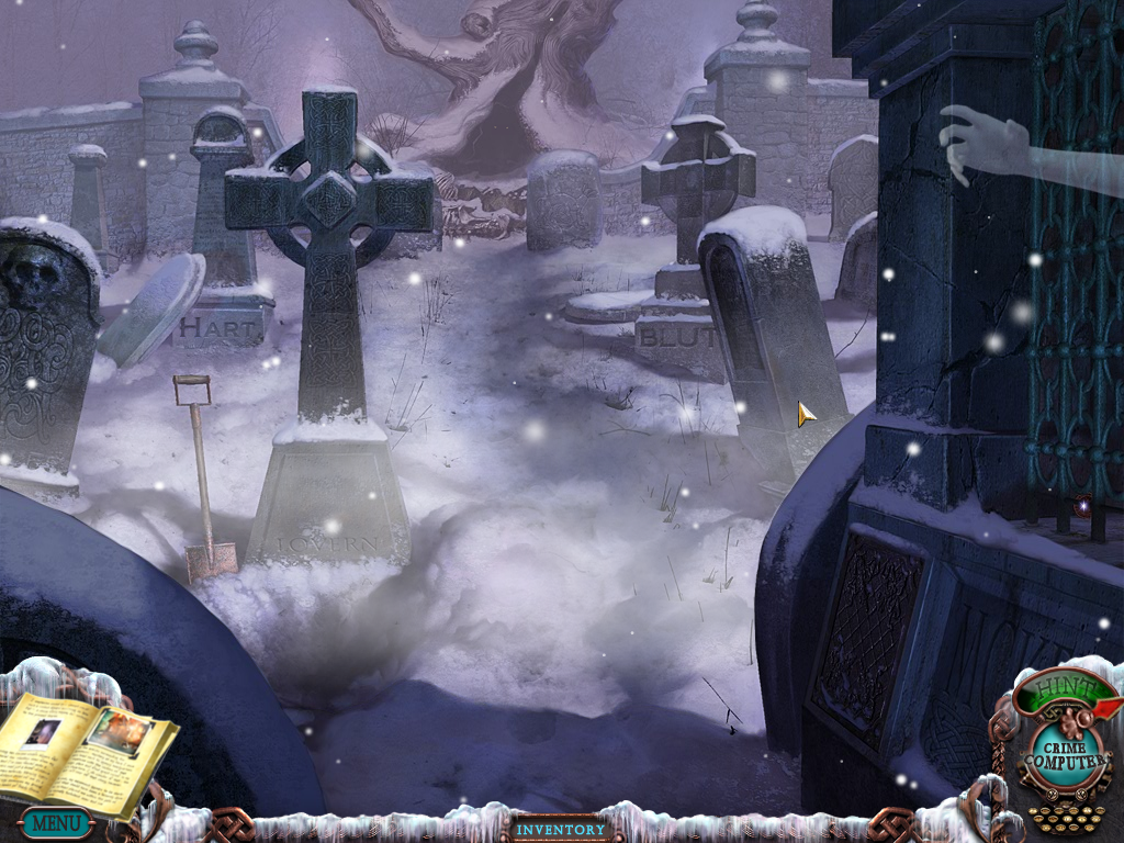 Mystery Case Files: Dire Grove (Windows) screenshot: A ghostly arm reaches out of a crypt.