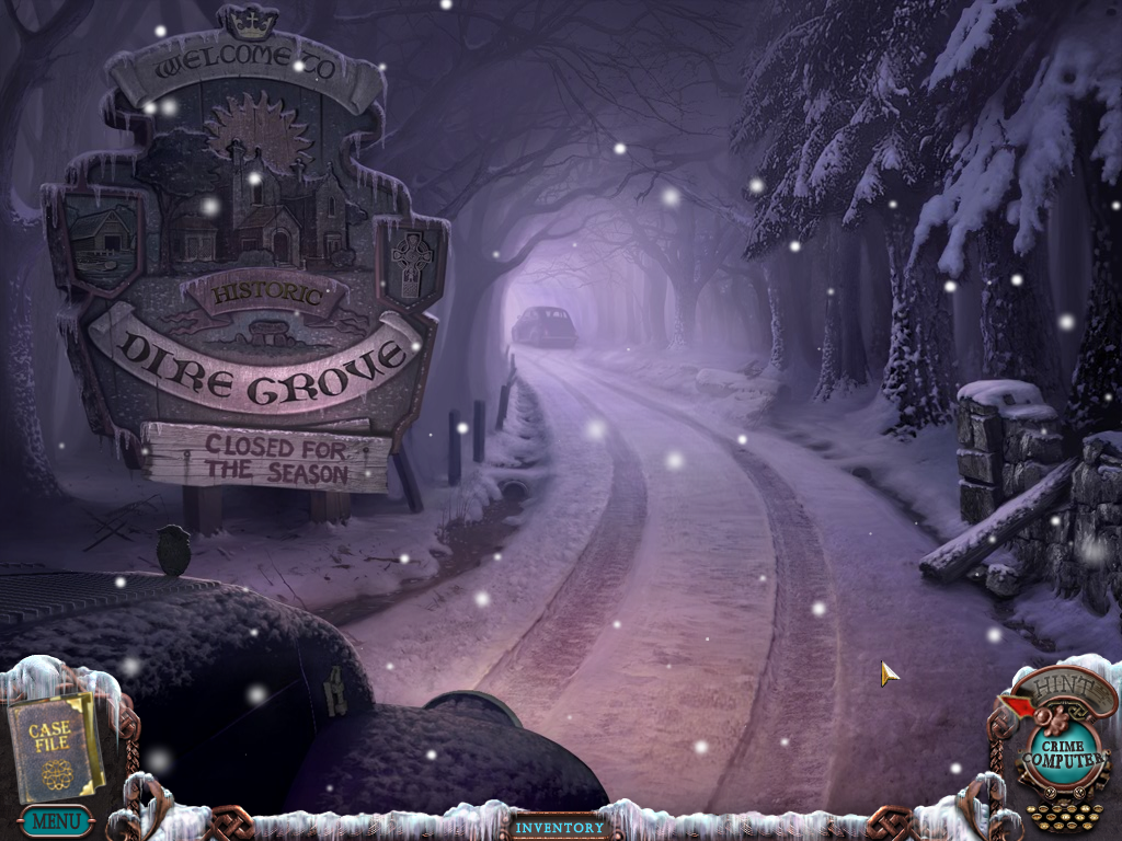 Mystery Case Files: Dire Grove (Windows) screenshot: Outside the grounds of Dire Grove.