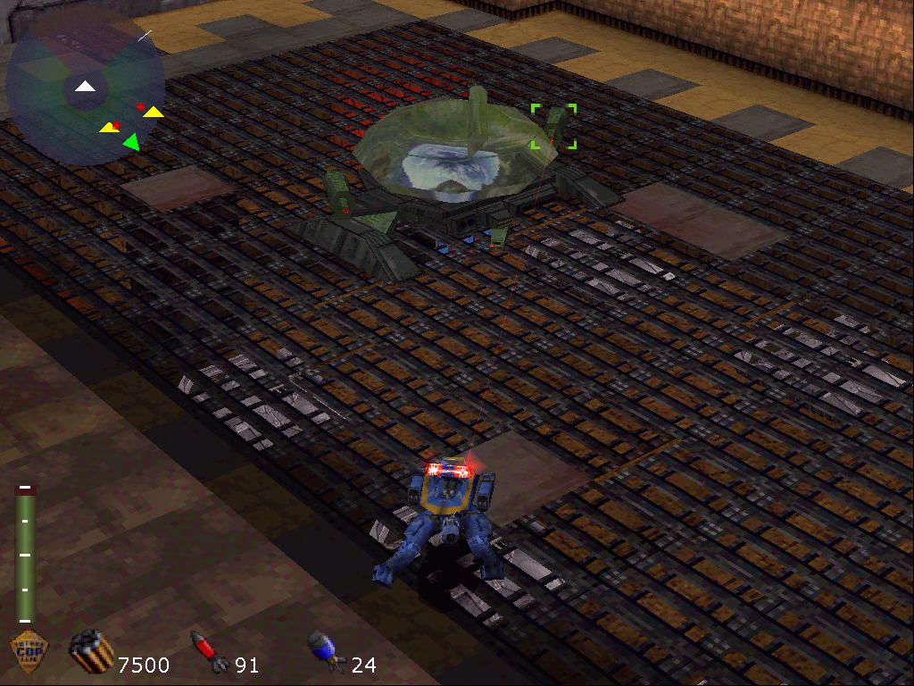 Future Cop: L.A.P.D. (Windows) screenshot: Fighting a big brain-tank-boss thing