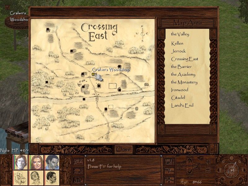 Pyrrhic Tales: Prelude to Darkness (Windows) screenshot: The town map. Clicking on the square icons sets the navigational compass to that location. You must have already visited the location though.