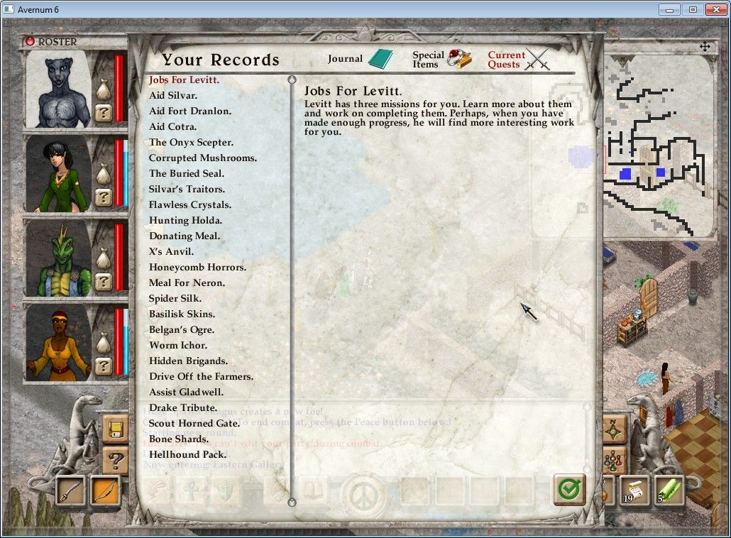 Avernum 6 (Windows) screenshot: The quest log and journal.