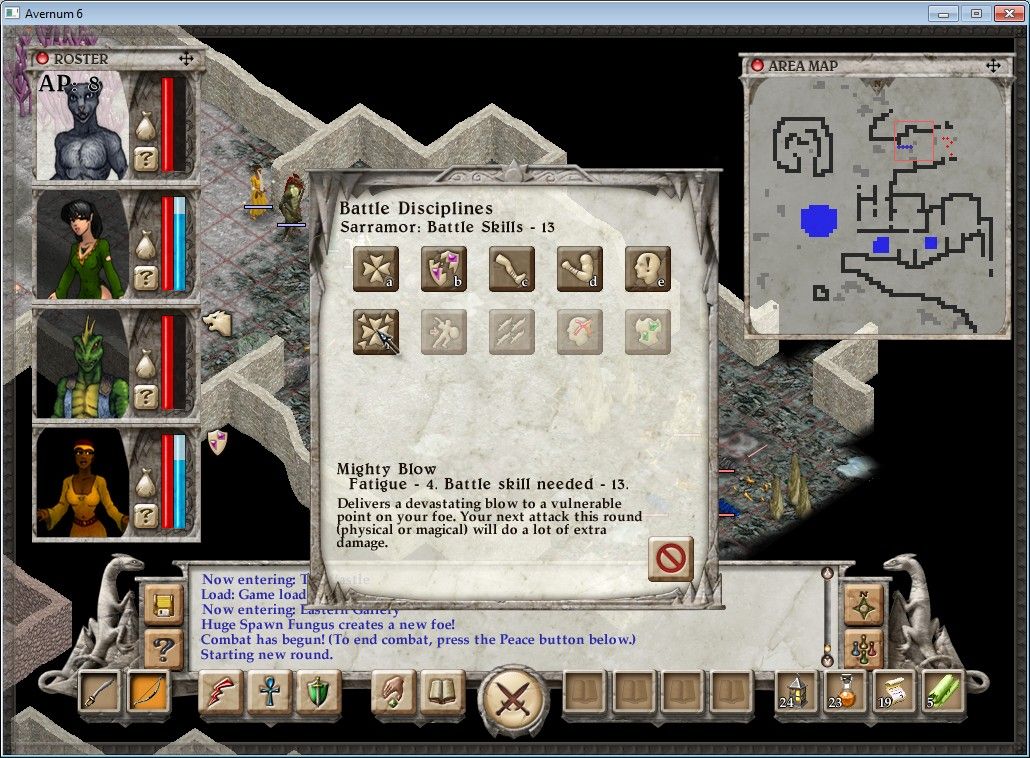 Avernum 6 (Windows) screenshot: Warrior battle disciplines.