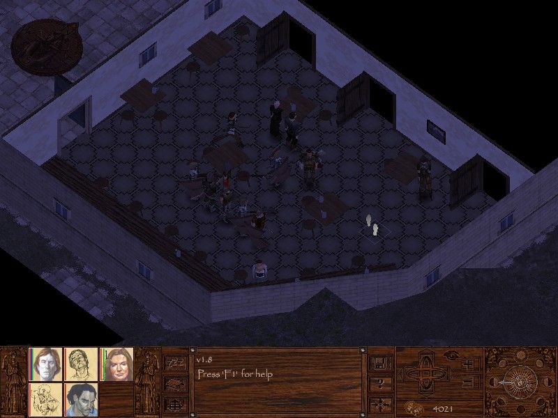Pyrrhic Tales: Prelude to Darkness (Windows) screenshot: Night time in a crowded inn. Many NPCs go to sleep at night, meaning you have to wait until morning to talk with them. In this case, the opposite is true.